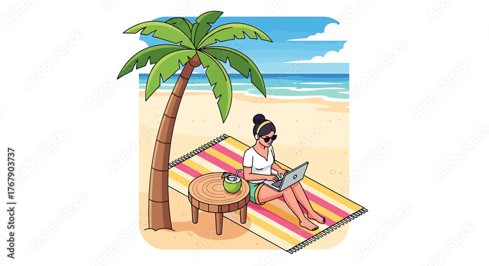 Fototapeta premium Generated with AI, Vector illustration of a woman working on a laptop under a palm tree at the beach.