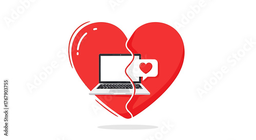 Generated with AI, Vector illustration depicting a broken digital heart symbolizing online relationship problems or breakup