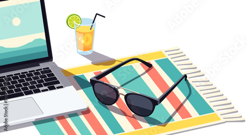 Remote work bliss laptop, sunglasses, and a summer drink on a striped towel. Generated with AI, Vector illustration