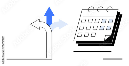 Curved arrow with three diverging directions next to a ring-bound calendar. Ideal for planning, scheduling, decision-making, time management, career growth, organization, navigation. Simple flat
