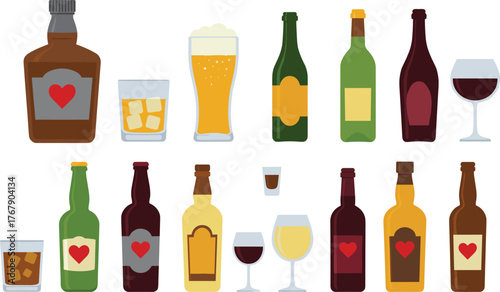 Alcoholic beverage vector illustration, bottles and glasses with whiskey, wine, beer, cocktails, white background for hospitality, branding, and product design