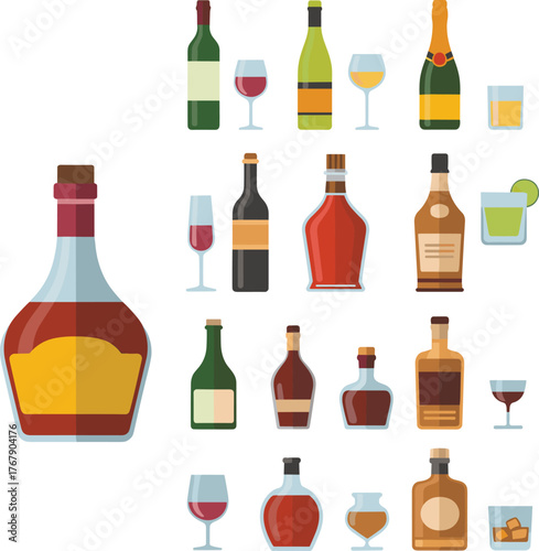 Alcoholic drink vector illustration, assorted bottles and glasses including wine, whiskey, cocktails, flat design on white background for hospitality and product use