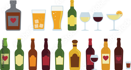 Alcoholic beverage vector illustration, assorted bottles and glasses including wine, beer, cocktails, spirits, white background for hospitality and product design