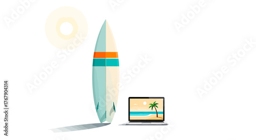 Beach Office Surfboard, Laptop, and Sun, Generated with AI, Vector illustration
