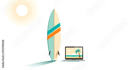 Beach Work Surfing and Remote Lifestyle with Laptop, Sun, and Tropical Paradise Concept