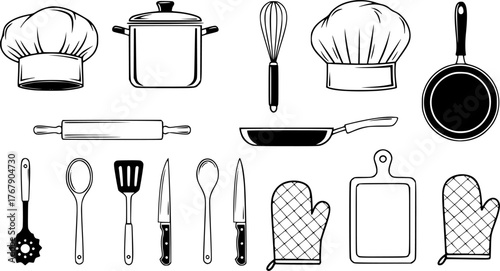Vector illustration of chef hats cooking utensils and kitchenware elements in black and white
