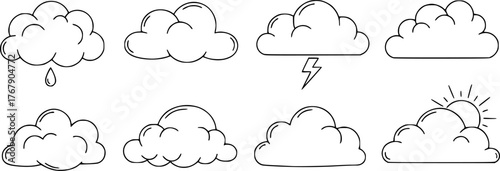 Set of six simple hand drawn outlined clouds for weather and climate related designs
