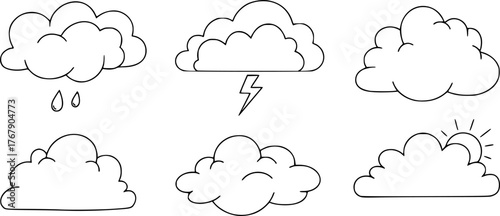 Set of six simple hand drawn outlined clouds for weather and climate related designs
