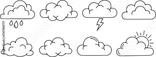 Set of six simple hand drawn outlined clouds for weather and climate related designs
