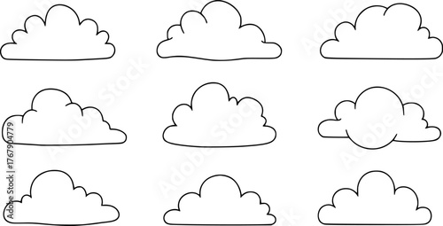Set of six simple hand drawn outlined clouds for weather and climate related designs
