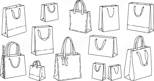 Collection of various shopping bags and totes in minimalist outlined linear style
