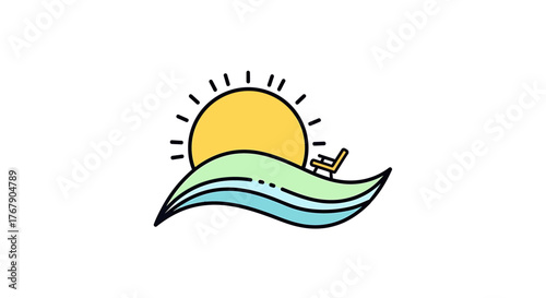 Relaxing Generated with AI, Vector illustration Idyllic beach escape symbol with sun, ocean waves, and a comfortable lounge chair