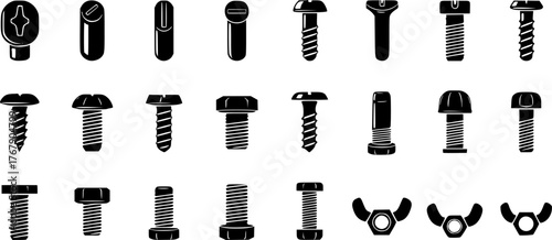 Collection of Black Silhouettes of Various Screws and Bolts
