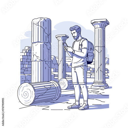 Generated with AI, Vector illustration of a tourist exploring ancient ruins and architecture with a smartphone