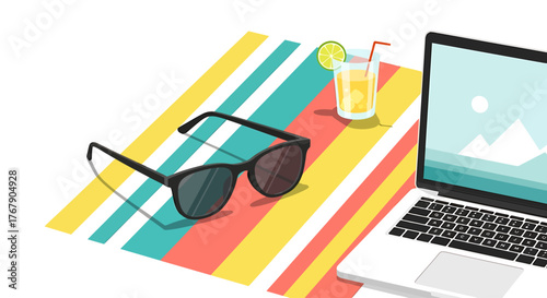 Summer vacation with laptop, sunglasses, drink and blanket - Generated with AI, Vector illustration
