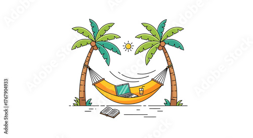 Digital nomad paradise with a laptop in a hammock between palm trees. Generated with AI, Vector illustration