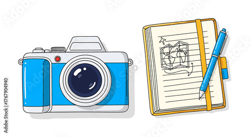 Travel Memories Camera, Notebook, and Pen - Generated with AI, Vector illustration