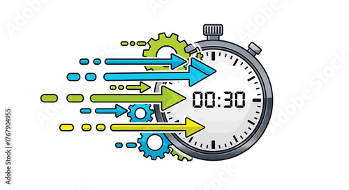 Fast-paced time management concept with a stopwatch and gears, efficiency