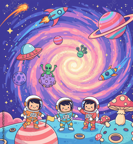 Cute Astronauts Exploring Fantasy Space Planet with UFO, Rockets, Alien, and Psychedelic Galaxy Swirl - Vector Cartoon Illustration for Kids