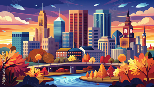 Very beautiful, Hartford, Connecticut, USA downtown skyline at dusk in autumn, featuring colorful fall foliage, modern and historic skyscrapers, glowing city lights, and scenic urban landscape under 