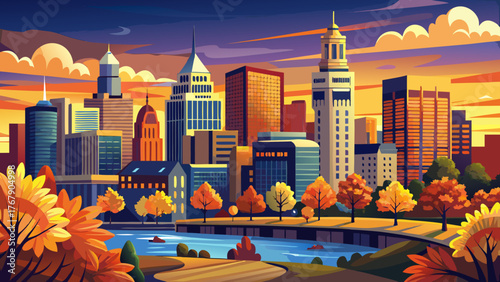 Very beautiful, Hartford, Connecticut, USA downtown skyline at dusk in autumn, featuring colorful fall foliage, modern and historic skyscrapers, glowing city lights, and scenic urban landscape under 