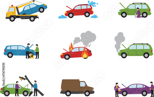 Car accident vector illustration, nine vehicle breakdown and crash scenes with people, fire, smoke, tow truck, white background for safety reference