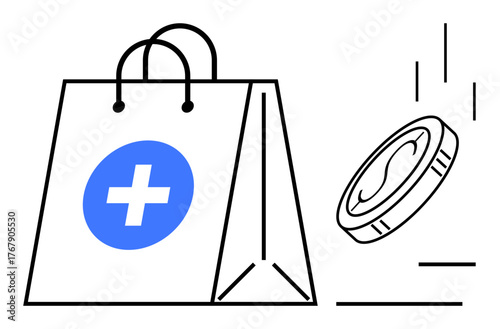 Medical bag with cross emblem next to a falling coin, representing healthcare cost, insurance, and medical shopping. Ideal for finance, health, ecommerce, savings, expenses charity simple flat