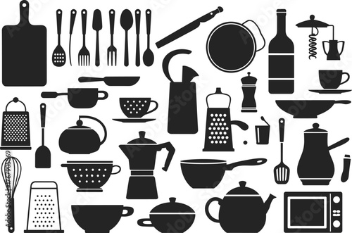 Kitchen utensil vector illustration, black silhouette icons of cookware, appliances, cutlery, cups, and tools, white background for culinary design reference
