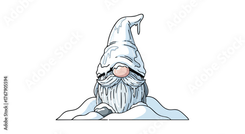 Winter gnome statue covered in snow with a whimsical expression  