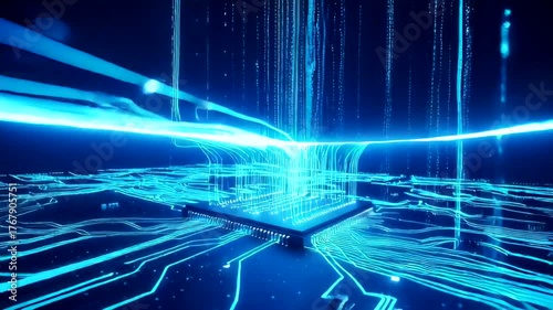 Futuristic digital landscape with glowing circuits and data streams