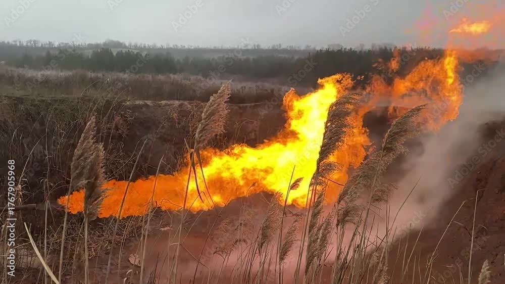 release of natural gas methane propane to the surface in the Ukrainian steppe near the village of Shebelinka, fire among tall grasses