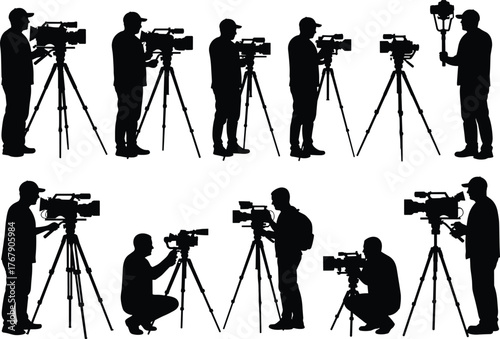 Videographer silhouette vector illustration, ten black figures filming with cameras on tripods, white background for media production and design reference