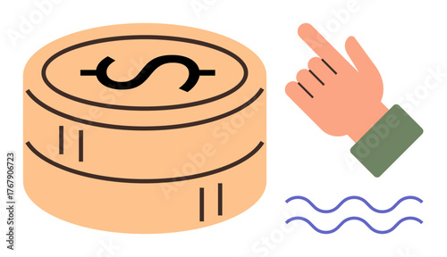 Hand pointing to stacked coins with a dollar icon and wavy lines for flow representation. Ideal for finance, investment, decision-making, economy, wealth management, savings, digital payments. Simple