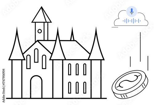 Gothic-style castle with towers and windows, digital coin with arrows, and cloud symbol with microphone and sound waves. Ideal for technology, finance, innovation, history, architecture, futurism