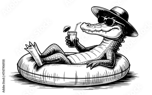 a chill alligator wearing sunglasses and a hat, lounging in an inflatable tube while holding a cold drink.