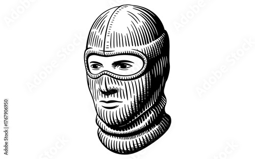 a man wearing a balaclava or ski mask, detailed line art style for retro design use.