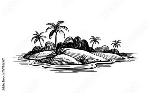 a tropical island with palm trees and shoreline, ideal for travel, vacation, and nature designs.