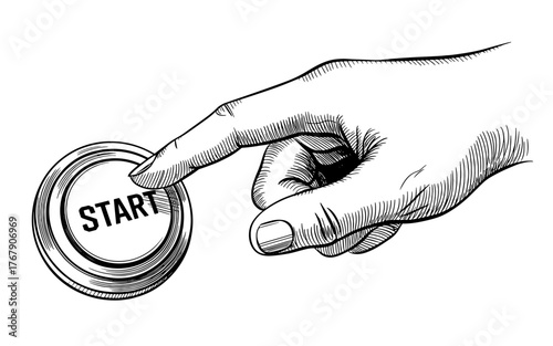 Detailed black and white of a human hand pressing a button labeled START, symbolizing beginning, activation, and new opportunity.