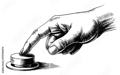 a human hand with a finger pressing a button, symbolizing control, decision, and action.