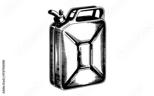 a metal jerrycan with handle and spout, symbolizing fuel storage, gasoline, and industrial utility.