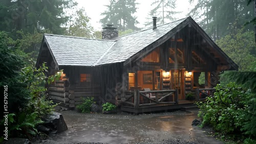 Slow Pan Across Rustic Timber Cabin Exterior in Dense Rain Forest with Glowing Windows and Atmospheric Puddles