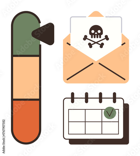 Priority-level gauge, envelope with skull logo, and calendar highlight security alert severity. Ideal for cybersecurity, risk monitoring, phishing detection, awareness campaigns, spam tracking, fraud