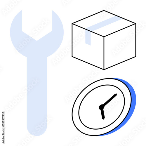 Wrench, box, and clock combination representing repair, delivery, scheduling, and time efficiency. Ideal for service management, logistics planning, time tracking supply chain efficient workflow