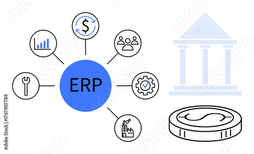 ERP system centerpiece linked to analytics, money management, people, tools, production, and process control. Ideal for business automation, process optimization, finance productivity workflow