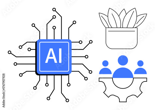 AI chip with circuits, teamwork symbols integrated with a gear, and a plant in a pot. Ideal for technology, teamwork, innovation, sustainability, growth collaboration progress. Simple flat metaphor