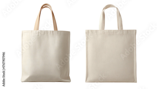 Two off-white cloth tote bags with tan handles on a black background, one slightly angled, shown in front and back