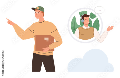 Delivery person holding a package gesturing confidently, connected with a customer on a virtual video call. Ideal for communication, logistics, teamwork, delivery services, remote interaction
