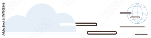 Cloud with linear connections portraying fast global networking and data management integrated with a globe. Ideal for technology, communication, connectivity, innovation, cloud services, global