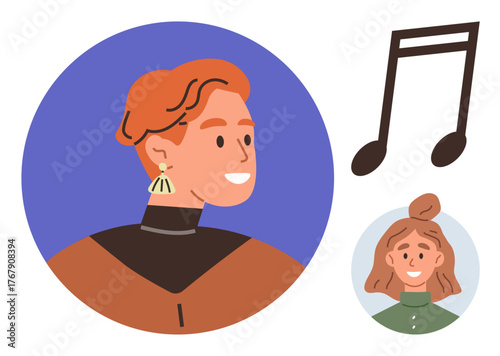 Two stylized portraits in circles, one large and one small, alongside a music note. Ideal for creativity, connection, interaction, communication, expression, artistry simple flat metaphor