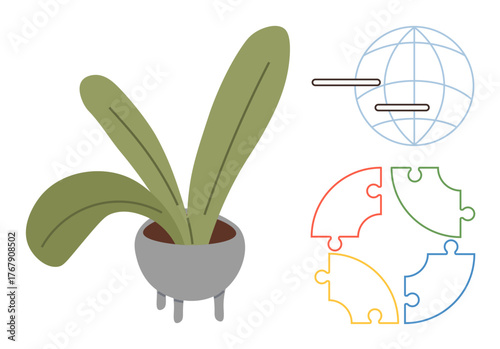 Potted plant symbolizing growth, a globe for global connections, and colorful puzzle pieces representing teamwork. Ideal for sustainability, cooperation, innovation, problem-solving, education